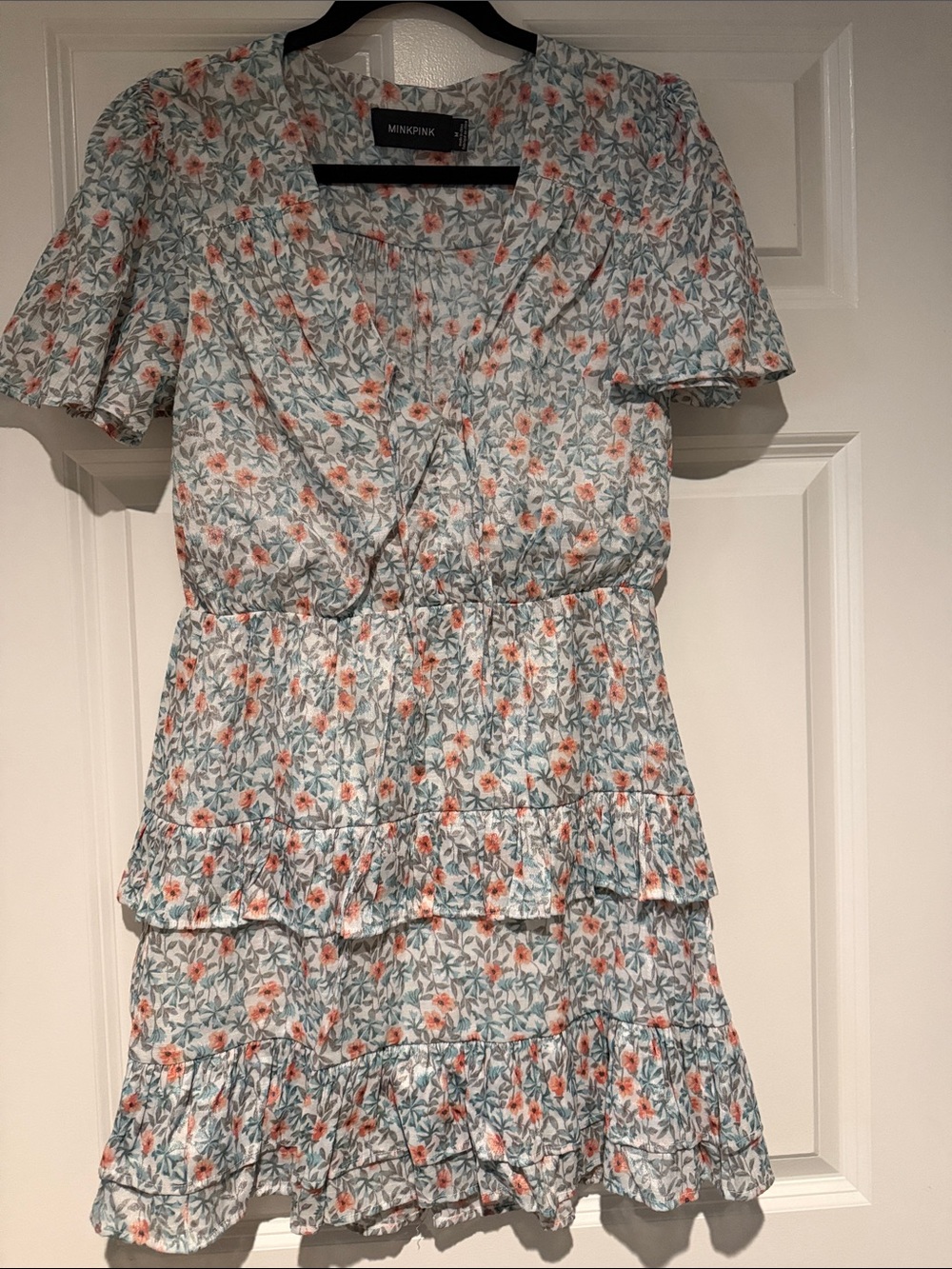 MINKPINK Floral Mini Dress in White with Coral Flowers